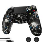 Wireless Controller for PS4, Black Skull Series Double Shock High Performance DS4 Gaming Controller for Playstation 4 /Pro/Slim/PC with Audio Function, Mini LED Bar, USB Cable