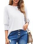 Bluetime Womens Crew Neck 3/4 Smocked Sleeve Tops Loose Fit Shirts Casual Solid Basic Tees Shirt Blouses, White, Large