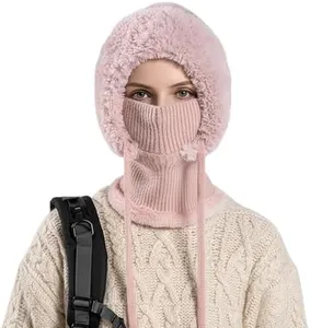 3 in 1 Beanie Hat for Women, 3 in 1 Beanie Hat with Scarf and Mask, Warm Knitted Windproof for Outdoor Skiing Hiking (Pink 1Pcs)