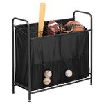 mDesign Sports Equipment Organizer Bin with Front Pockets - Basketball, Hockey Stick, Football, Baseball Bat, Frisbee, and Ball Organizer for Garage - Storage Rack for Sports Gear - Black