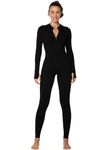 Sunzel Long Sleeve Jumpsuits for Women, Ribbed One Piece Casual Yoga Workout Zip Front Bodycon, Legging Fit & Thumbhole 28" Black Medium