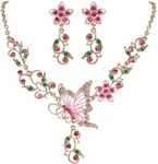 EleQueen Women's Austrian Crystal Butterfly Flower Leaf Necklace Earrings Set Gold-Tone Pink