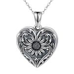 SOULMEET Sterling Silver Cameo Sunflower Heart Locket Necklace That Holds 2 Pictures, Heart Shaped Picture Locket Necklace to Keep Someone Near to You