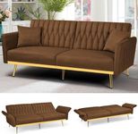 ACMEASE 70” Velvet Futon Sofa Bed with 2 Pillows and Adjustable Armrests, Convertible Sleeper Bed, Modern Loveseat for Living Room, Bedroom, Brown