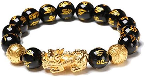 Tumnea Pulsera Pixiu, Pulsera de obsidiana Negra Feng Shui con Oro Pi Xiu, Pulseras con Cuentas de Amuleto Mantra, Pulsera de Amuleto de la Suerte para Hombres y Mujeres