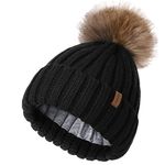 FURTALK Kids Winter Knitted Pom Beanie Bobble Hat Cotton Lined Faux Fur Ball Pom Pom Cap Unisex Kids Beanie Hat Black