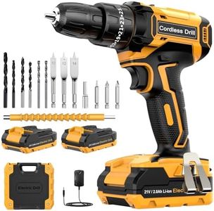 Cordless Drill Driver 21V, Cordless Hammer Drill with 2 Batteries 2000mAh, 25+3 Torque, 42N.m Max Electric Drill, 14PCS Drill Bits, 2 Speed, LED Light for Home and Garden DIY Project
