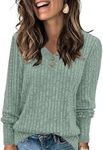 AYIFU Womens Long Sleeve Tops Casual V Neck Blouses Henley Button Up Ribbed Tunic, Light Green, Large