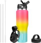 40 oz Insulated Water Bottle with Straw fit in Car Cup Holder(Cold 48 hrs, Hot 24 hrs) Drinking Bottle with Straw Lid, Spout Lid and Flex Cap Leakproof Travel Thermo Mug，Red - Yellow - Blue