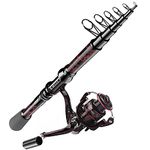 QudraKast Fishing Rod and Reel Combos - High Carbon Fiber Telescopic Fishing Pole and 12+1 Full Metal Ultra Smooth Spinning Reel with X-Warping Pattern Design, Red, 2.1M