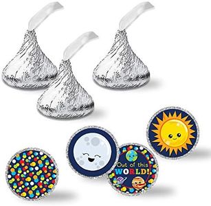 Out of This World! Outer Space Planets Birthday Party Kiss Sticker Labels, 300 Party Circle Sticker Sized 0.75” for Chocolate Drop Kisses by Amanda Creation