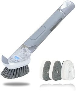 ITTAHO Brosse à vaisselle multi-usage avec distributeur de savon - Brosse à vaisselle grise avec 3 têtes interchangeables en éponge - Brosse à vaisselle avec distributeur de savon pour casserole