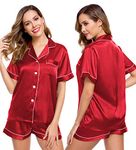 LecGee Womens Silk Satin Pajamas Short Sleeve Loungewear Two-Piece Sleepwear Button-Down Pj Set, Red-03, X-Large