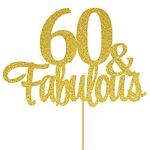 SVM CRAFT® Gold Glitter 60 & Fabulous cake topper - Happy 60th birthday cake topper, 60th anniversary cake topper, cake topper for 60th birthday, 60th birthday decorations