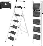 HBTower Step Ladder, 5 Step Ladder Folding Step Stool with Tool Platform,600 lbs Portable Sturdy Steel Ladder for Adults Home Outdoor Kitchen Garage,White