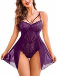 Avidlove Women Teddy Lingerie One Piece Lace Bodysuit Snap Crotch Babydoll Bodysuit Mesh Chemise Purple