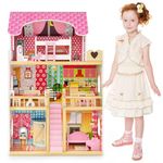 Costzon Dollhouse, Toy Family House with 15 pcs Furniture, Play Accessories, Cottage Uptown Doll House, Doll Playhouse Cottage Set for Toddlers Playroom, Nursery, Gift for Girls & Boys 3+