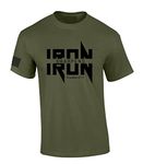 Iron Sharpens Iron Proverbs 27:17 Heavy Metal Logo Bible Scripture Mens Christian Tshirt Jesus Cross Short Sleeve Graphic Tee, Military Green, Medium