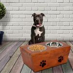 Pure Souls Jasper Pet Feeder, Natural Acacia Wood Feeders Stand, Elevated Dog Bowls 750 ml, Food Water Diner, Durable Double Bowl Feeding Stands for Dogs - Medium (42 x 21 x 16 cm)