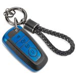 CTRINEWS for Ford Key Fob Cover with Metal Braided Rope Keychain, Upgraded Soft TPU Surface Grain Case for Fusion F150-F550 Edge Expedition Escape Explorer Bronco Maverick,etc.(5 Button) (Blue, B1)