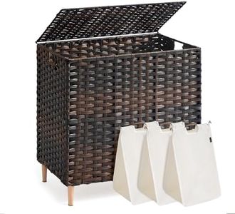 SONGMICS 3-Section Laundry Hamper with Lid, 42.2 Gal (160L) PE Rattan Laundry Basket with Removable Washable Liners, for Bedroom & Living Room, Chestnut Brown ULCB223ME01