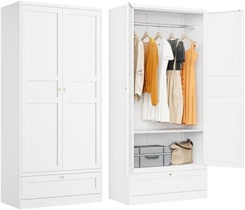 Metal Wardrobe Cabinet with Drawer,Armoire Wardrobe Closet with doors,White Metal Clothing Storage Cabinet with Adjustable Shelves and Hanging Rod,Wardrobe Storage Cabinet for Home,Bedroom Armoires