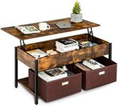 Giantex Lift Top Coffee Table, Pop-up Central Table w/Lifting Tabletop, Concealed Compartment & 2 Folding Fabric Drawers, Console Table for Living Room (Rustic Brown)