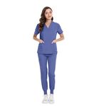 MEDSKIN Scrubs Set for Women - Stretch V-Neck Scrub Top & Jogger Trouser Pants with 8 Pockets (Ceil Blue, 3XL)