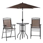 Outsunny 4 Piece Patio Bar Set, Sling Folding Outdoor Furniture with Umbrella for Poolside, Backyard and Garden, Brown