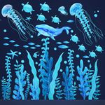 Under the Sea Wall Decals Glow in the Dark Ocean Wall Decals Colorful Sea Turtle Seaweed Jellyfish Wall Stickers Removable Ocean World Themed Wall Decor for Toddler Boys Girls Bedroom Bathroom Living