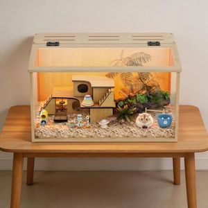 BingoPaw Wooden Hamster Cage Chewproof: Wood Hamster Cages Habitats Openable Top with Tempered Glass, Built-in LED Light for for Dwarf Syrian Hamster, Gerbil, Rats M(60 * 40 * 40cm)