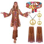 Women Hippie Costume Set Headband Earring Dress Vest Socks Boot Covers 70s Hippie Attire for Halloween Dress Up Party-XL