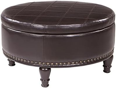 INSPIRED by Bassett OSP Home Furnishings Augusta Round Storage Ottoman with Decorative Nailheads and Flip Over Lid with Serving Tray Surface, Espresso Faux Leather