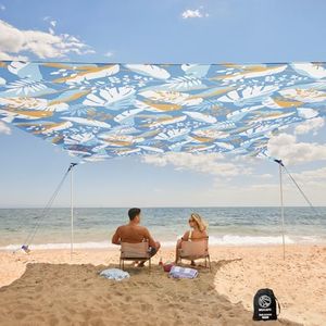 WEKAPO Beach Tent Sun Shelter - Easy Setup Beach Canopy with 4 Sturdy Poles, Large Sandbags and Shovel, 7'1'' Tall, Windproof Beach Sun Shade for Backyard and Camping, UPF 50+ Protection