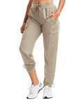 BVVU Women's Cargo Joggers Lightweight Quick Dry Hiking Pants Outdoor Waterproof Athletic Workout Pants with Zipper Pockets, Khaki, Medium