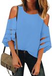 LookbookStore Women's Cold Shoulder Loose Shirt Tops 3/4 Bell Mesh Sleeve Blouse, Azure Blue