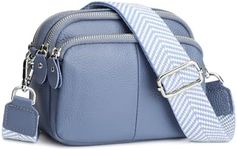 befen Small Genuine Leather Camera Crossbody Bags for Women Triple Zip Cross Body Purses Handbag with Wide Strap, A01-gray Blue, Crossbody Camera Bag