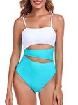 RELLECIGA Women's White+Sky Blue Geometric Cutout Bathing Suits Adjustable Straps Bandeau One Piece Swimsuit for Women Size Medium