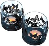 Lily’s Home Cutout Shadow Box Votive Tea Light Hurricane Glass Candle Holders, Ideal for Celebrations, Home Party Decor, Candlelit Dinners, Tabletop Lighting, Butterfly Flutter, Black, Set of Two