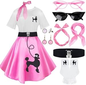 10Pcs Sock Hop Outfits Costume Women, 1950s Poodle Skirts, Poodle T-Shirt with 50s Accessories Set Scarf Headband Belt Socks Eyeglasses Earrings (Pink-S)