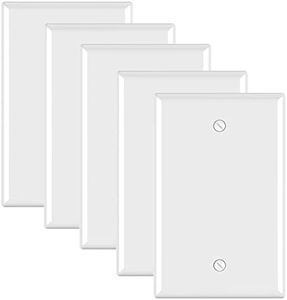 ELEGRP 1-Gang Blank Device Wall Plates, Mid-Size 4.88" H x 3.13" L Unbreakable Thermoplastic Blank Faceplate Cover for Unused Outlets/Switches, UL Listed (5 Pack, Glossy White)