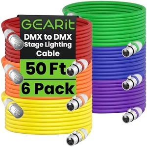 GearIT DMX to DMX Stage Lighting Cable (50 Feet, 6-Pack) DMX Male to Female (XLR Compatible) 3-Pin Balanced Shielded for DJ LED Moving Head Par Light, Mic Mixer, Recording Studio, Podcast - 50ft