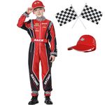 KUKIKUKI Race Car Driver Costume Boys Racer Jumpsuit With Car Cap Kids Dress Up for Halloween (Red, 120)