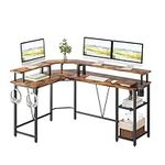 TREETALK Computer desk, L-shaped Gaming Desk with Extra-Large Monitor Stand,Corner Desk with 2-Layer Adjustable Storage Shelf Hooks and Cup Holder Writing Table for Office Home (Rustic Brown)