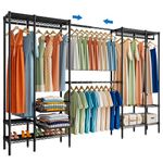 KZOBYD Extendable Clothes Rails, Coat Rails Coat Stand with Pull-out Baskets, Heavy Duty Clothing Garment Rack Freestanding Wardrobe Closet Organizer Clothing Rack with Adjustable Shelves(Black)