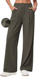 Ewedoos Wide Leg Stretchy Work Pants Slacks for Women Business Casual Pants High Waisted Waffle 26''/28'' Dress Pants Olive Green