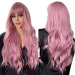 Esmee 26 Inches Long Pink Wig with Bangs Natural Synthetic Hair Wavy Wigs for Women Daily Party Cosplay Wear