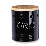 Ceramic Garlic Keeper with Wood Lid, Garlic Container for Counter Easy to Clean,Garlic Saver to Keep Your Garlic Cloves Fresh Longer,Farmhouse Garlic Holder Storage Container, 4.5 inch (Black)