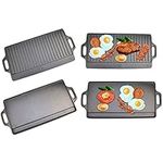 X-Large Non-Stick Cast Iron Reversible Griddle Plate Pan Double Sided for BBQ & Hob Cooking with Non-Stick Ridged and Flat Surfaces and Drip Tray, 50 x 23cm