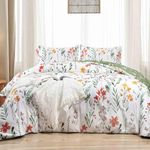 King Size Comforter Set, White Yellow Floral, Green Leaf Pattern Print Reversible Down Alternative Bed Sets - 104 x 90 3PC Soft Microfiber Flower Duvet Vintage Farmhouse Bedding in a Bag for Women Men